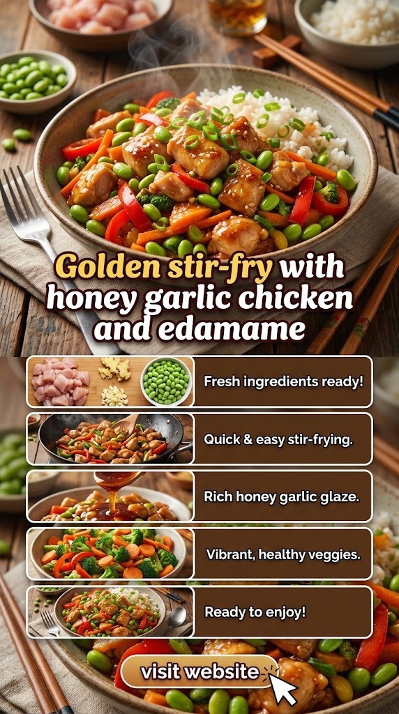 Golden stir-fry with honey garlic chicken and edamame