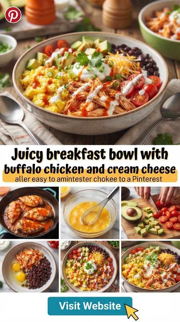 Juicy breakfast bowl with buffalo chicken and cream cheese