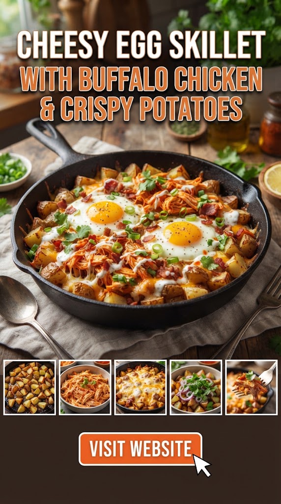 Cheesy egg skillet with buffalo chicken and crispy potatoes